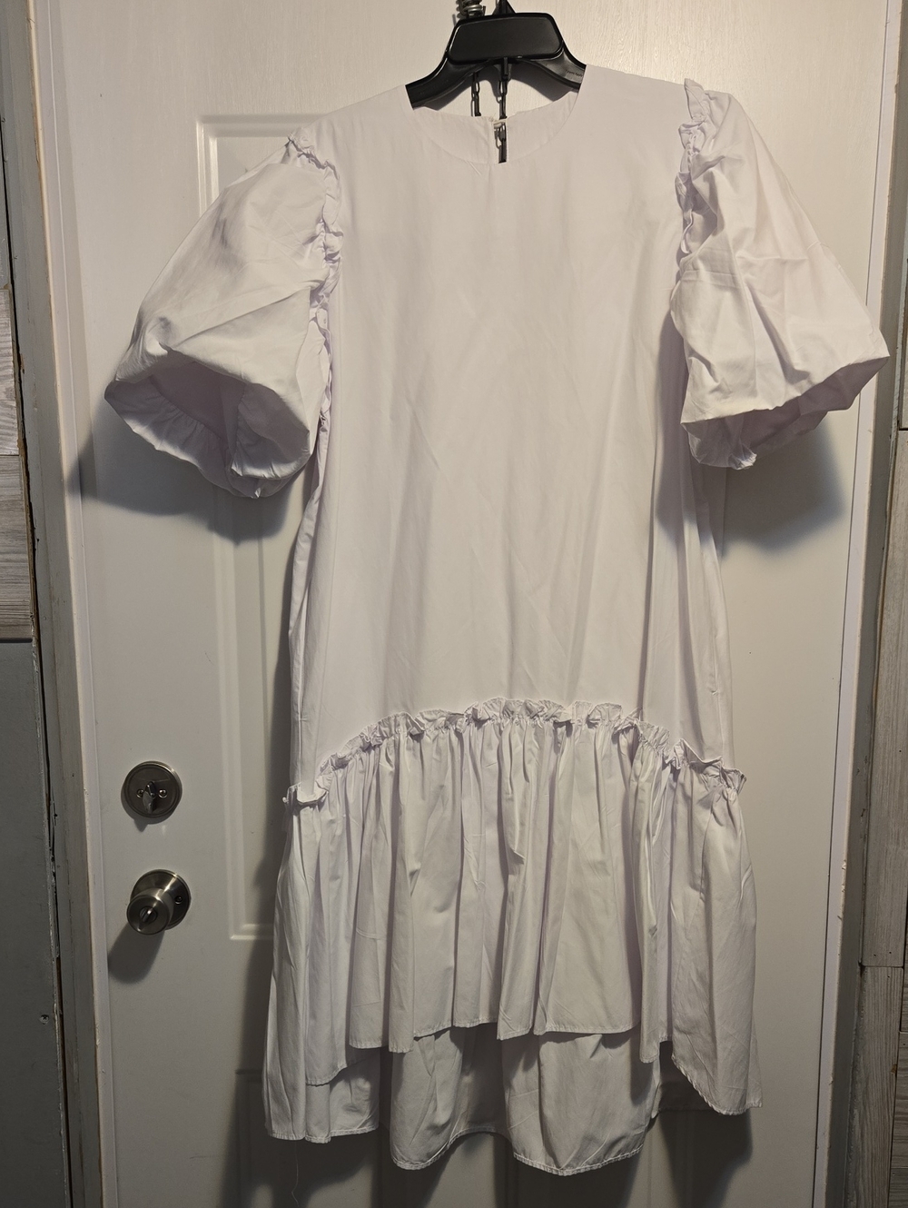 Womens White Puff Sleeve Ruffle High Low Hem Dress